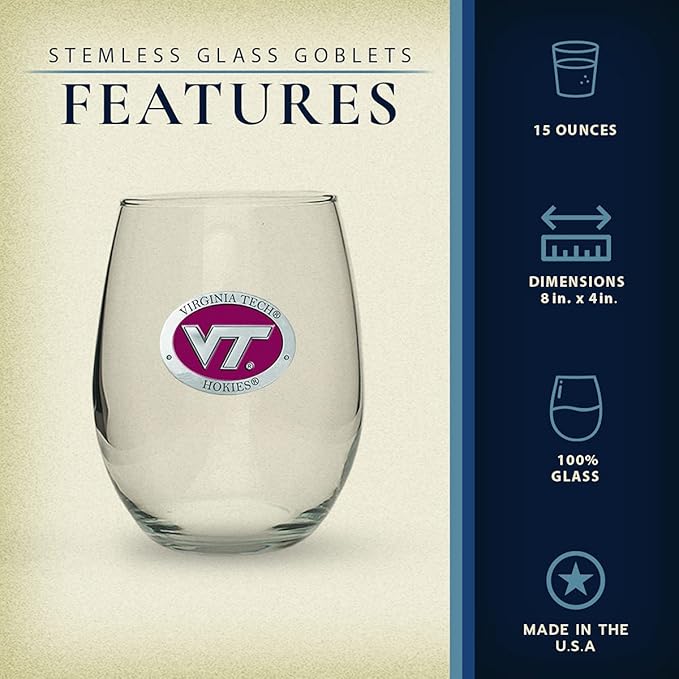 Heritage Pewter Virginia Tech Stemless Glass Goblets – Set of 2 | 15 OZ Goblet Wine Glasses | Expertly Crafted Pewter Glass