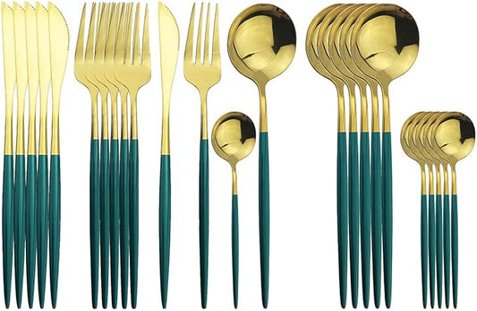 Gold Silverware Set, 24-Piece Stainless Steel Flatware Set Service For 6, Mirror Polished Green Handle Tableware Cutlery Set Knife Fork And Spoon For Home & Restaurant, Dishwasher Safe