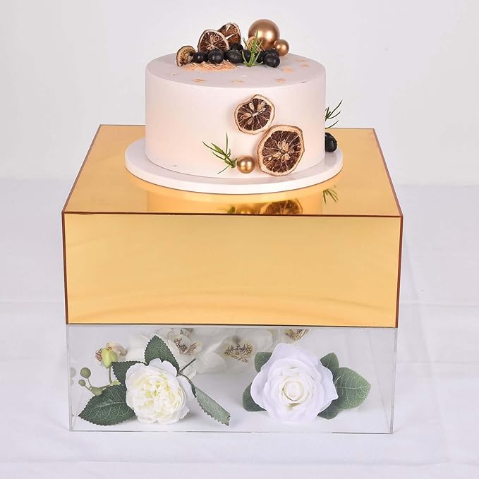 Efavormart 14"x14" | Gold Acrylic Cake Box Stand, Mirror Finish Display Box Pedestal Riser with Hollow Bottom