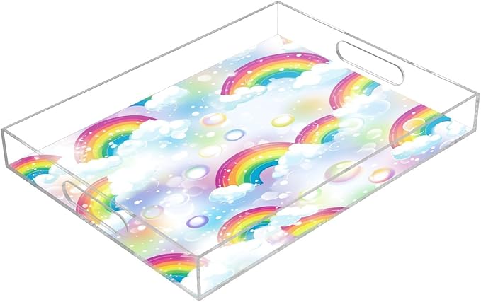 Serving Tray with Handles Clear Acrylic Tray 12x16 Inch Decorative Rectangular Tray Organizer for Ottoman Coffee Table Bathroom Rainbow Clouds Dots White