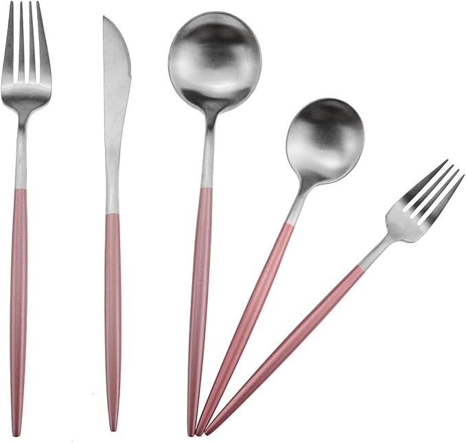 Gugrida Luxury Flatware, Royal 20 Piece Matte Pink Handle 18/10 Stainless Steel Tableware Sets for 4 Including Forks Spoons Knives, Camping Silverware Travel Utensils Set Cutlery (Pink Silver)