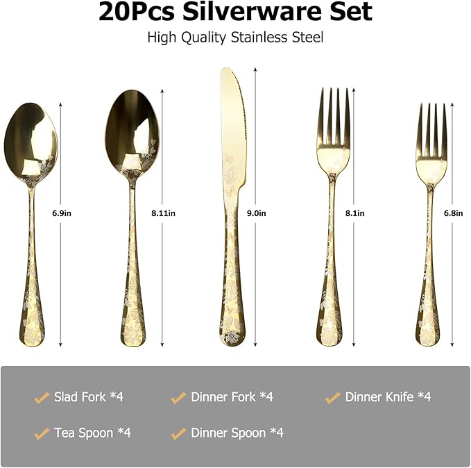 20-Piece Silverware Set, AORESAC Flatware Set for 4, Butterfly Flower Design, Mirror Polish, Forks Spoons, and Knives set for Home and Kitchen, Dishwasher Safe (Gold)