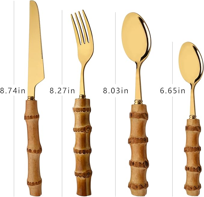 40 Pcs Bamboo Handle Cutlery Sets, Natural Bamboo Flatware Set for 10, Gold Stainless Steel Silverware Set for Home Party Restaurant, Handcrafted Eating Utensils, Include Knife Fork Spoon