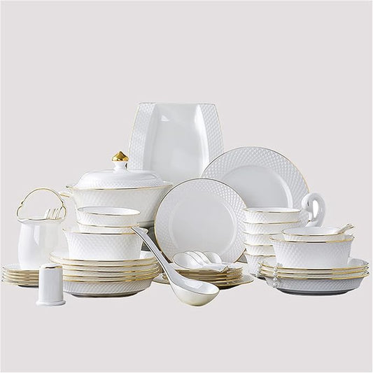 Milky White Porcelain Tableware Set Home Simplicity Combination Tableware Set of Bowls Dessert Plates Soup Plates Dinner Plates 60 Piece Set