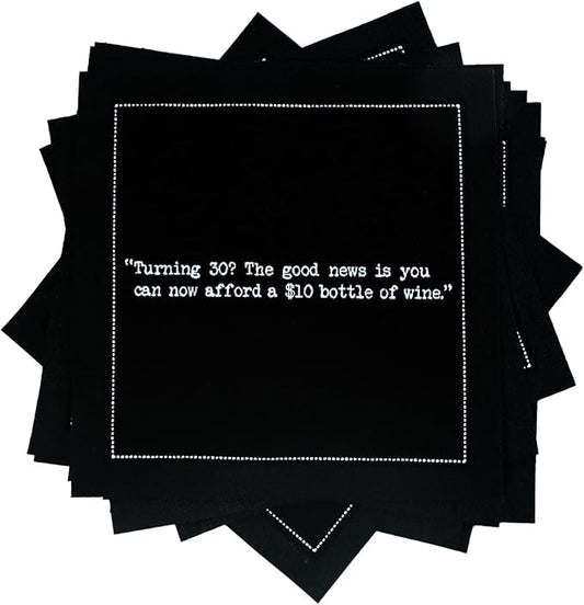 Five Star Funny 30th Birthday Quotes | Black Cotton Cocktail Napkins | 50 Luxury Disposable Beverage Napkins with Witty Bar Quotes | Drink Napkins for Parties, Bars, Weddings & Game Nights