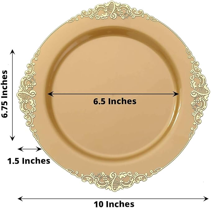 10" Dinner Plates -Set of 30 - Plastic Gold Round Baroque Disposable Chargers Leaf Embossed Rim, Ideal for Dinner Party Wedding Bulk Events