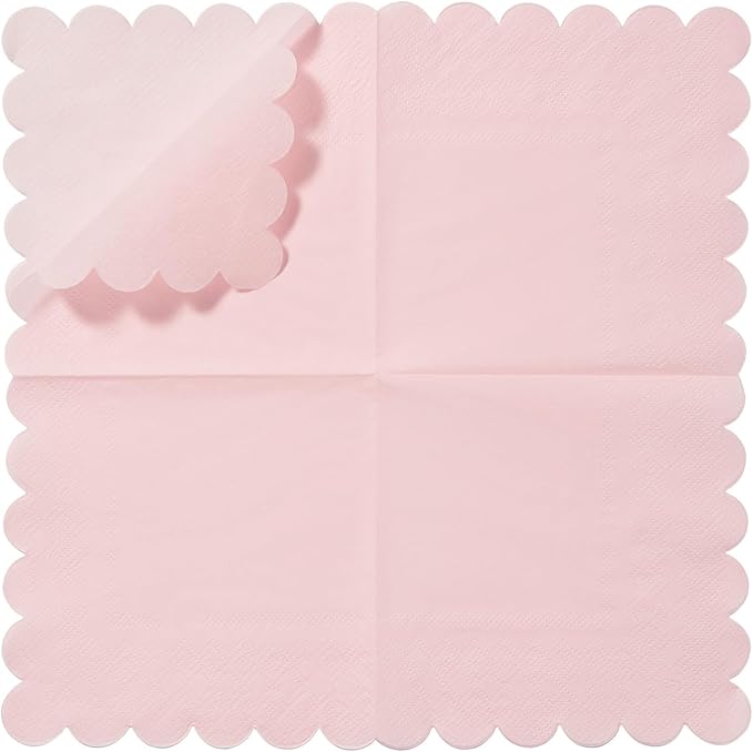 200 Pack Cocktail Napkin 2-Ply Scalloped Edged Dessert Napkins Folded 5 x 5 Inches Disposable Napkins for Dinner Wedding Birthday Party Bridal Anniversary Reception Event (Pink)