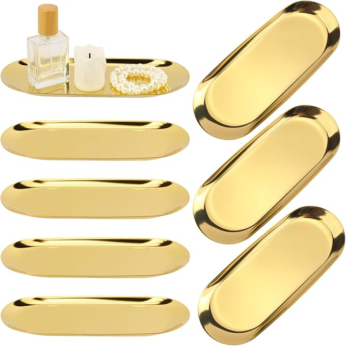 8 Pack 9 Inch Oval Stainless Steel Decorative Tray, Stainless Steel Tea Fruit Tray, 9 inch Gold Oval Trays for Bathroom Vanity, Jewelry, Perfume & Key Organizer (Gold)