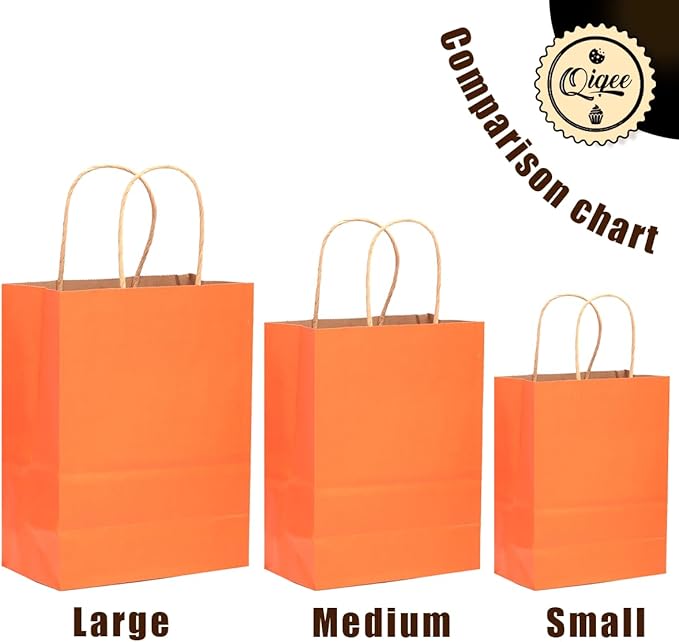 qiqee 100PCS Gift Bag with Handles Bulk Kraft Orange Paper Bags Assorted Sizes (33-Large, 33-Medium, 34-Small)