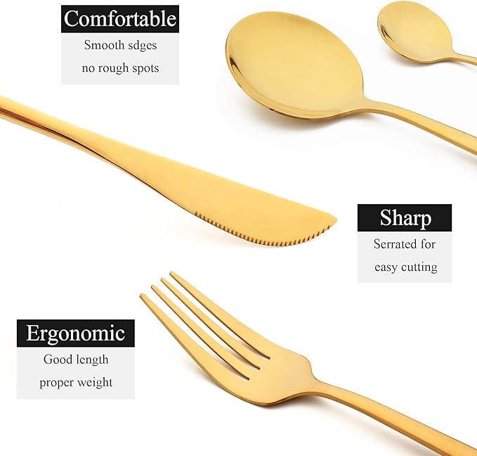 8 Piece Snplowum Flatware Set, 18/0 Stainless Steel Silverware For 2, Kitchen Wedding Gift Utensils For Couple Friend Home Daily Use, Travel Tableware Set, Mirror Gold