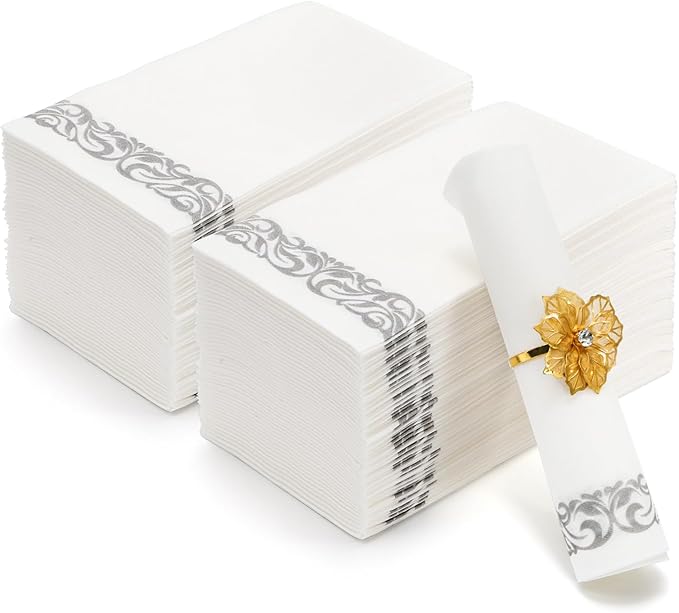 Foraineam 100-Pack Soft Texture Paper Hand Towels Disposable Decorative Paper Hand Napkins - Silver Floral Paper Guest Towels