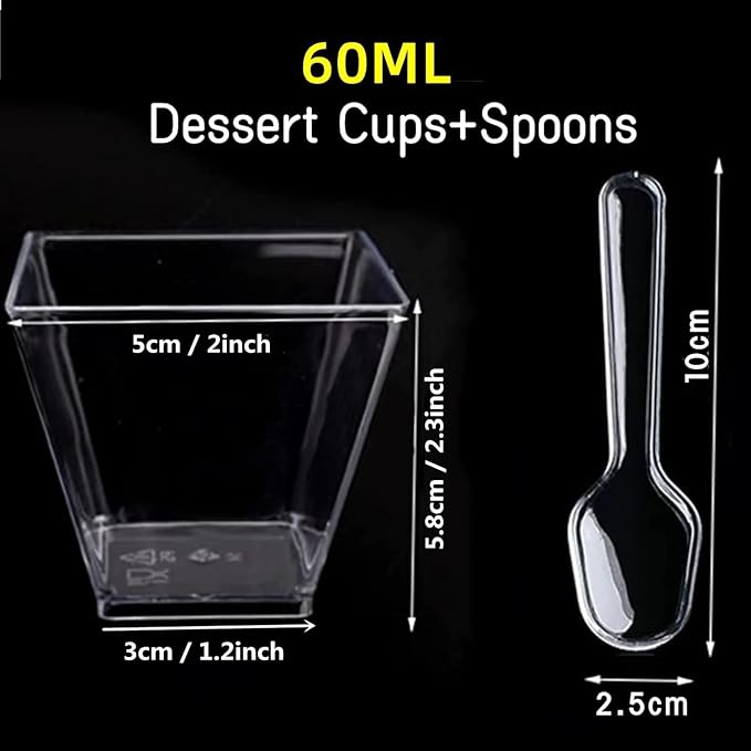2oz Clear Dessert Cups with Spoons, 50Pcs Reusable Mini Square Dessert Cups, Mini Transparent Appetizers Serving Bowl for Desserts Mousses,Puddings