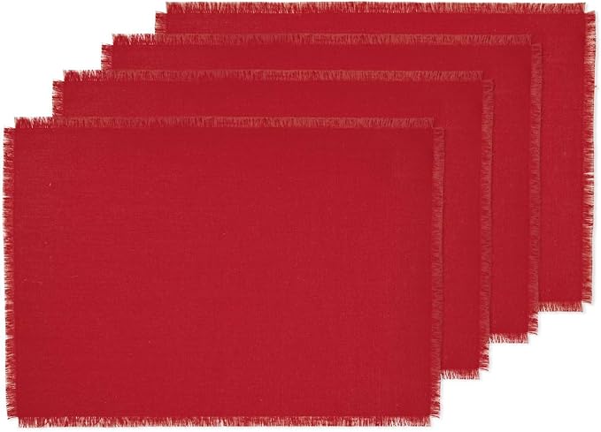 Solino Home Fringe Linen Placemats Set of 4-14 x 19 Inch Placemats Cherry Red - 100% Pure Linen Table Mats for Christmas, New Year
