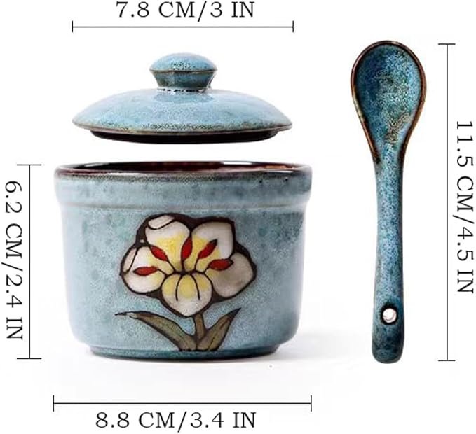 Handmade Ceramic Sugar Bowl with Lid and Spoon, 9oz Porcelain Condiment Jar with Hand-Painted Floral Design, Colorful Seasoning Container for Sugar, Salt, Spices Kitchen (4 colors)