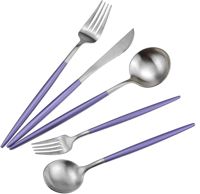 Gugrida Luxury Flatware, Royal 20 Piece Matte Purple Handle 18/10 Stainless Steel Tableware Sets for 4 Including Forks Spoons Knives, Camping Silverware Travel Utensils Set Cutlery (Purple Silver)