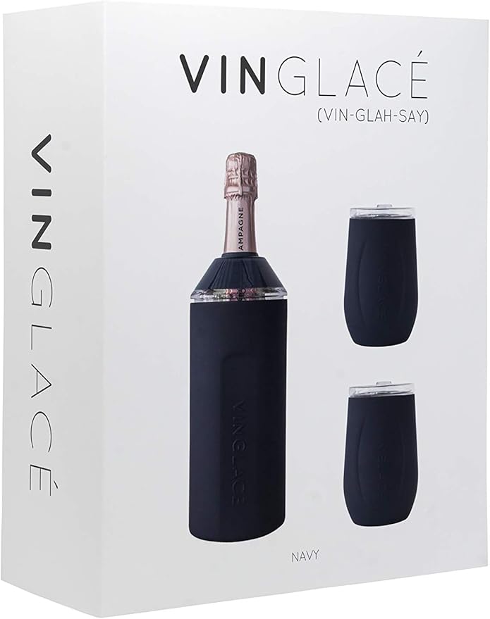 Vinglacé Wine Bottle Chiller Gift Set- Portable Stainless Steel Wine Cooler with 2 Stemless Wine Glasses, Navy