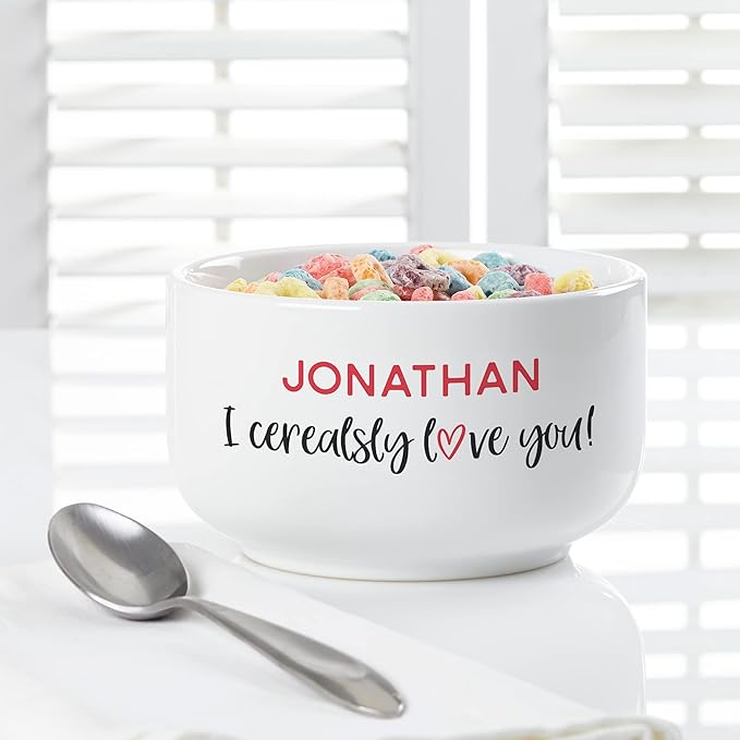 Personalization Universe Personalized 'I Cerealsly Love You' 14 oz. Romantic Valentine's Cereal Bowl - Heavyweight Stoneware, Chip-Resistant, Dishwasher & Microwave Safe Snack Bowl