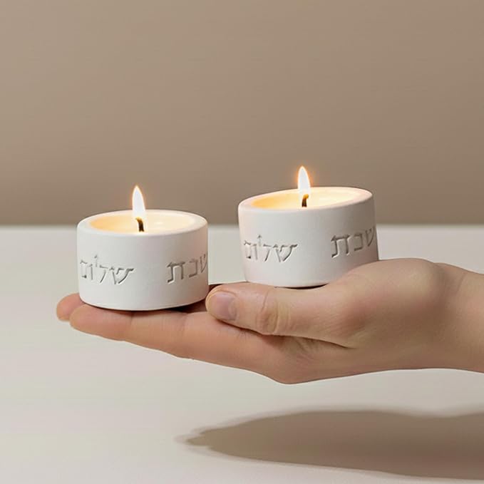 SURI Shabbat Candle Holders Set – Modern Judaica Shabbat Candlesticks for Tea Lights – Concrete Shabbos Candles Holders, Dripless Design – Jewish Gift & Home Decor