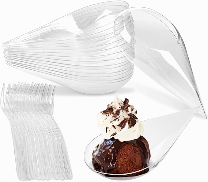 TOFLEN 100ct 4 Inch Tear Drop Mini Appetizer Plates, with Tasting Forks, Reusable Mini Desserts and Appetizers Dishes Tiny Serving Plate - Asian Spoon Set