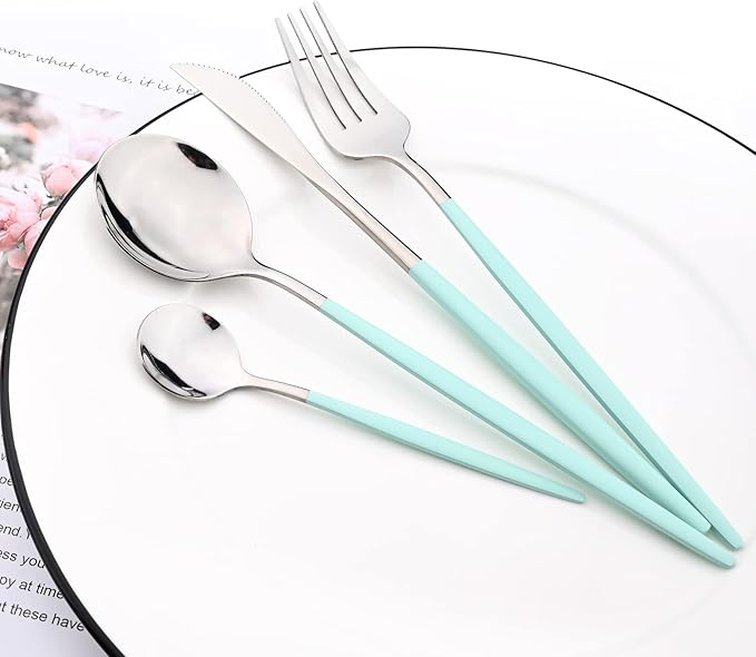 40 Pcs Silverware Set With Teaspoon For 10, Food Grade Stainless Steel Utensils Tableware Set, Elegant & Simple Flatware Serving Set Include Knife Fork Spoon, Mirror (Mint Green Silver)