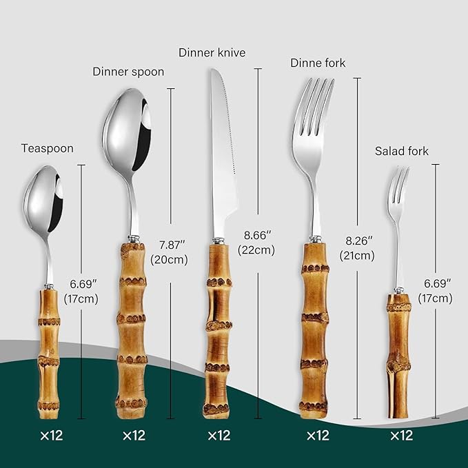 90-piece bamboo silverware cutlery set for 18, bamboo handle cutlery set reusable, flatware stainless steel, forks and spoons set for eating,dishwasher safe