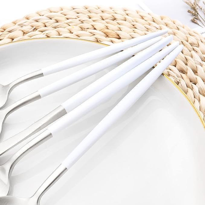 24-piece Snplowum Silver Satin Finished Serving Set, 18/10 Stainless Steel Flatware With White Round Hanle For Daily Use Salad Coffee Include Knife/Fork/Spoon, Service For 4 (White Silver)