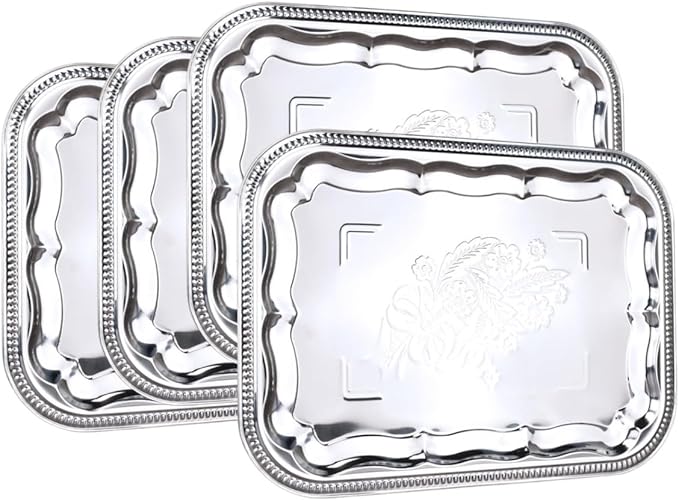 Large Silver Serving Tray Set of 4, 15.7" x 11.8" Rectangular Stainless Steel Serving Platters with Floral Engraved Design, Elegant Party Food Tray for Appetizers, Desserts
