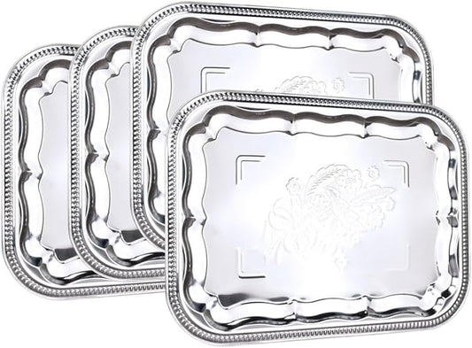 Large Silver Serving Tray Set of 4, 15.7" x 11.8" Rectangular Stainless Steel Serving Platters with Floral Engraved Design, Elegant Party Food Tray for Appetizers, Desserts