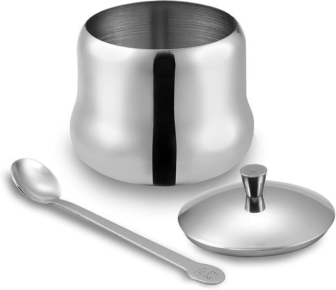 13oz Stainless Steel Sugar Bowl Decorative Silver Ghee Container with Spoon and Metal Lid Small Spice Jars for Seasonings Condiment Pot for Kitchen Coffee Table
