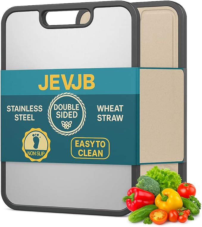 Stainless Steel Cutting Board, Metal Cutting Board 15"x10", Double-Sided Steel Chopping Board, Hygienic Non-Porous, Easy Clean Wheat Straw PP