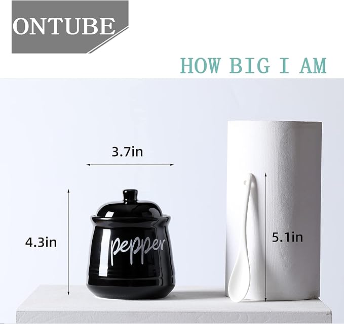 ONTUBE Ceramic Salt and Pepper Bowls with Lid and Spoon 12oz (Black)