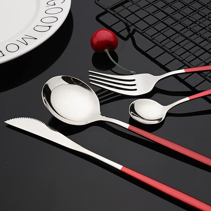JASHII Red and Silver Hanging Flatware Set Include Knife Fork Spoon Teaspoon and Stand, 24pcs Stainless Steel Utensils Set Service for 6,Modern Design & Mirror Polished, Great Gift
