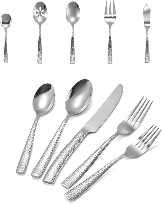 Flatware Set Silver Hammered 45 Pieces Stainless Steel Cutlery Set Silverware Serving Set Home Event Use Wedding Housewarming Gift