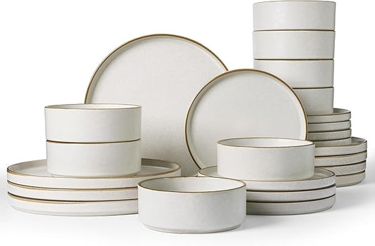 Famiware Nebula Plates and Bowls Sets, 24 Pieces Stoneware Dinnerware Sets, Reactive Glaze Dish Set, Dishes Set for 8, Matte Beige White with Brown Rim