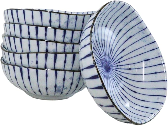 Ebros Gift Artistic Blue Waves Fubuki Tokusa Made In Japan Dinnerware Serveware Kitchenware Set Asian Japanese Restaurant Supply (Pack Of 6 Round Flair Small Shallow Bowls 11oz)