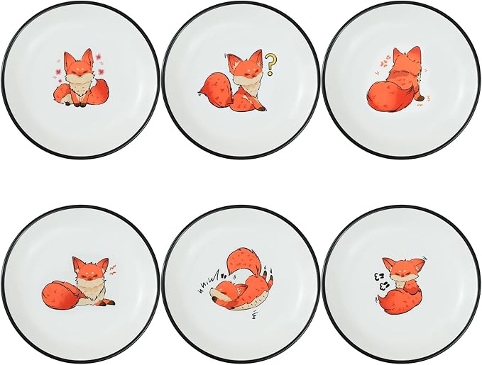 SOCOSY Super Cute Cartoon Animal Ceramic Sauce Dishes, Seasoning Dishes, Little Cat Dog Bird Feeding Bowls, Sushi Soy Dipping Bowls, Appetizer Plates, Dessert Plates, Set of 6-Fox-5 Inch