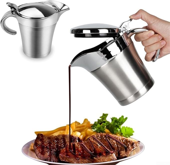 304 Stainless Steel Steak Sauce, Sauce Jug, Double Insulated Gravy Boat, Stainless Steel Sauce Jug With Hinged Lid, Multifunctional Sauce Pot For Gravy Or Cream(750ML)