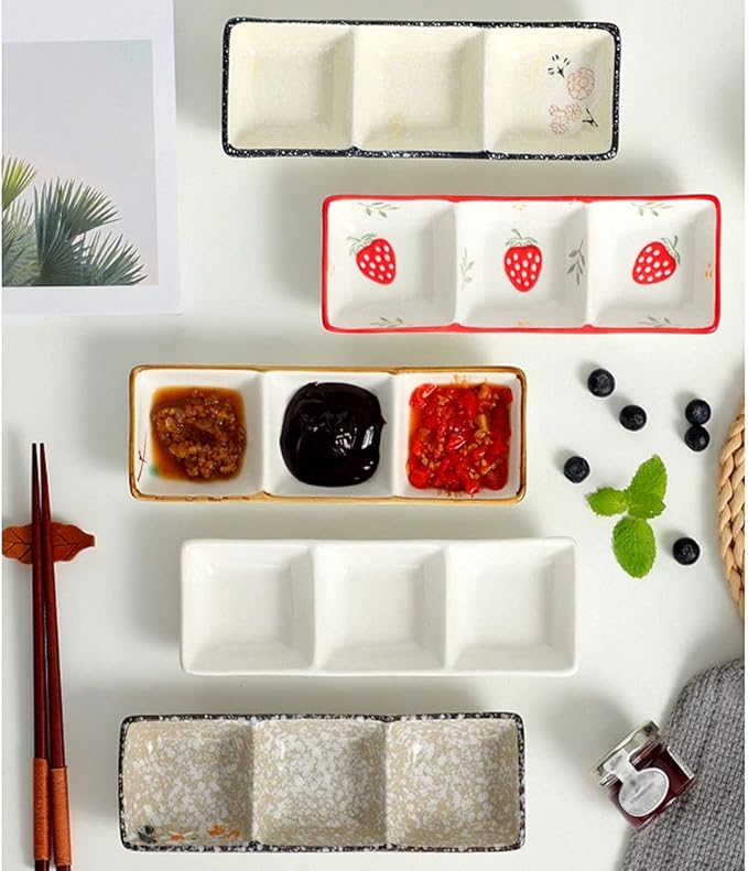 Salad plate Soy Sauce Dish Ceramic Sauce Dish 3 Compartment Appetizer Serving Tray Rectangular Divided Dip Bowls for Sushi Ketchup Dessert Appetizer Seasoning Dishes Plastic plate ( Size : 9.45x3.39x1