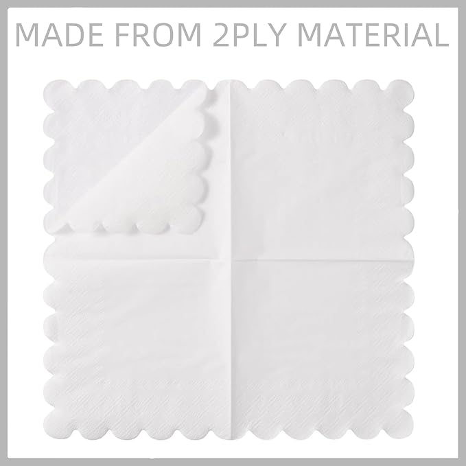 200 Pack Cocktail Napkin 2-Ply Scalloped Edged Dessert Napkins Folded 5 x 5 Inches Disposable Napkins for Dinner Wedding Birthday Party Bridal Anniversary Reception Event (White)