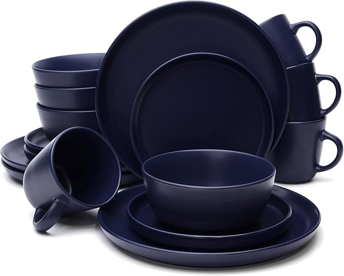 MÜLLERHEIM 903 Minimalist Collection 16-Piece Contemporary Ceramic Stoneware Dinnerware Sets for 4, Blueberry Plates and Bowls sets, Dinner Plates Set, Salad Dish Set, Bowls, Cup