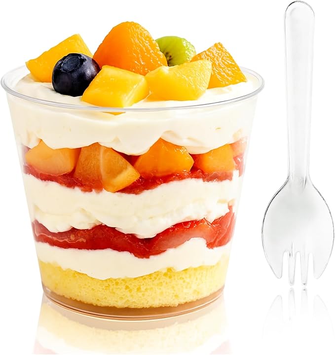 FORBFAN 200 Pcs Plastic Dessert Cups with Spoons, 100 Pcs 6 oz Round Parfait Cups, Appetizer Cups for Desserts, Ice Cream, Puddings, Tasting Party