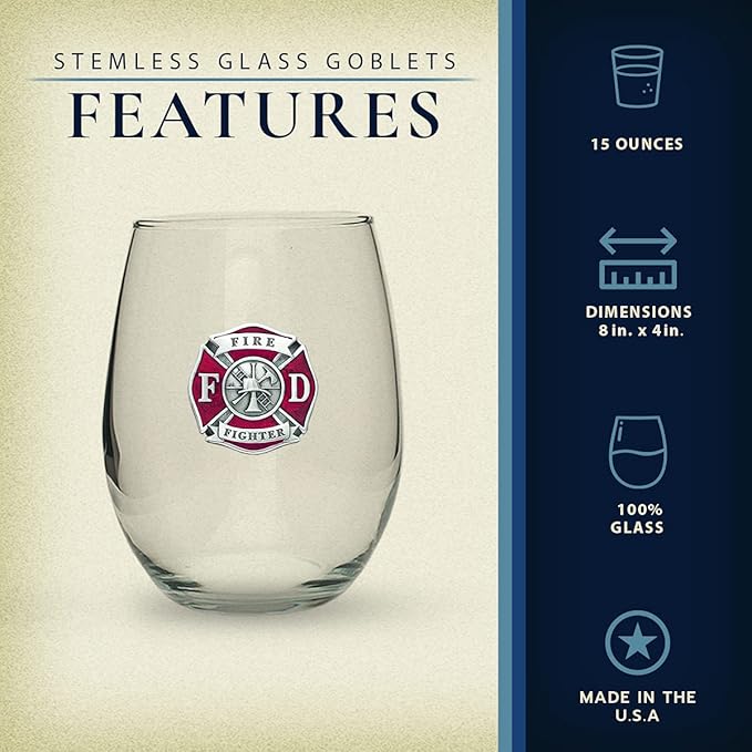Heritage Pewter Firefighter Stemless Glass Goblets – Set of 2 | 15 OZ Goblet Wine Glasses | Expertly Crafted Pewter Glass
