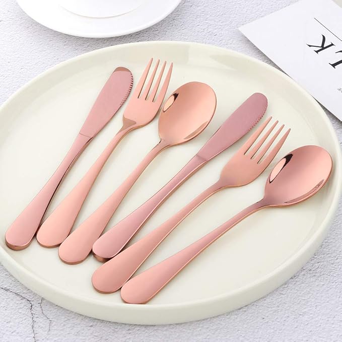 Flatware Silverware sets, 6pcs 18/8 Stainless Steel Cutlery Serving for 2, BPA-free Dinner Knife, Fork, Spoon Kitchen Utensils, Mirror Polished (Rose Gold-2)