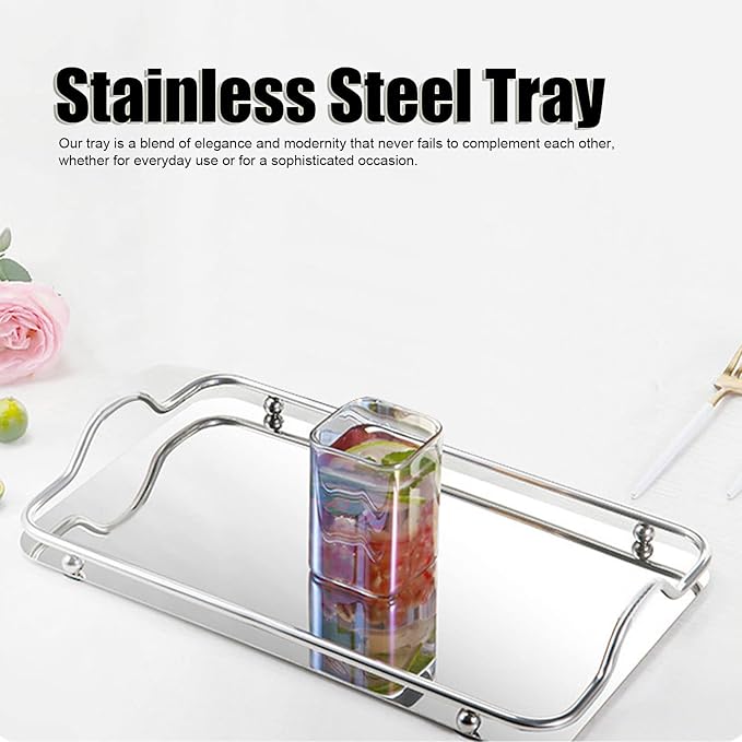 Large Rectangle Tray, Stainless Steel Serving Platters Silver Trays for Serving Metal Dinner Plates with Handles for BBQ, Dining, Party, Buffet