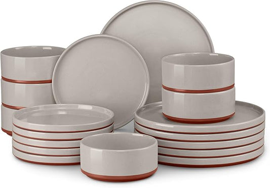 LIANYU 18 Piece Dinnerware Sets for 6, Modern Style Stoneware Dinnerware Set, Scratch Resistant, Dishwasher Safe Bowl and Plate Sets, Ceramic Dish Dinner Set, Terra Brown