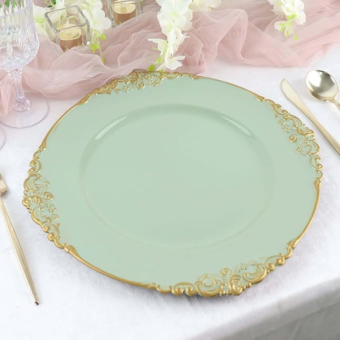 13" Charger Plates -Set of 24 - Acrylic Sage Green Round Baroque Disposable Chargers Leaf Embossed Rim, Ideal for Dinner Party Wedding Bulk Events