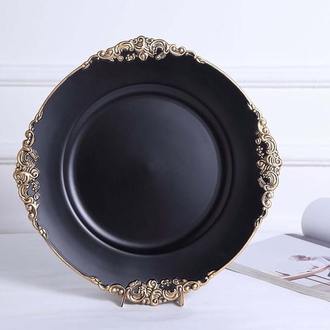 13" Charger Plates -Set of 12 - Acrylic Black Round Baroque Disposable Chargers Leaf Embossed Rim, Ideal for Dinner Party Wedding Bulk Events