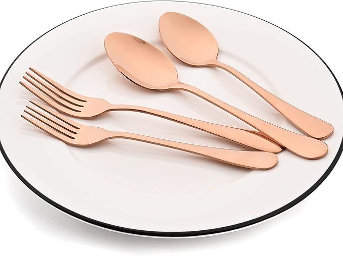 35-Piece Copper Flatware Set With Serving Set, 18/0 Stainless Steel Cutlery Set Service For 6, Mirror Polished, Dishwasher Safe