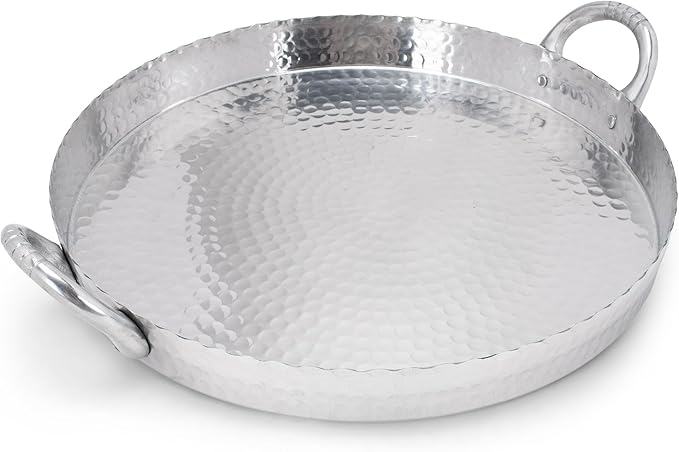 India Handicrafts Hammered Round Scalloped Silver Tone 19 inch Metal Tray Platter