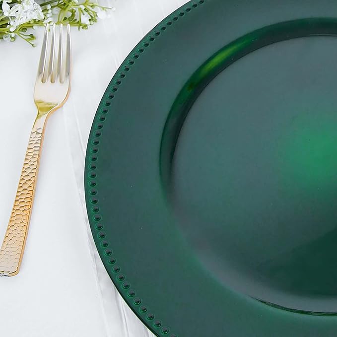 13" Charger Plates -Set of 12 - Acrylic Hunter Green Round Beaded Disposable Chargers, Ideal for Dinner Party Wedding Bulk Events Tabletop Decoration